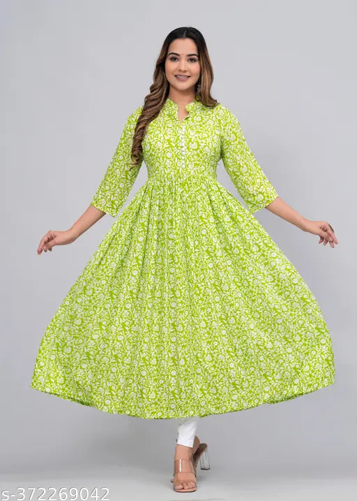 Floral printed Rayon Anarkali kurti, three-quarter sleeves, vibrant Gaither design - Indian bridal wear for winter festivities