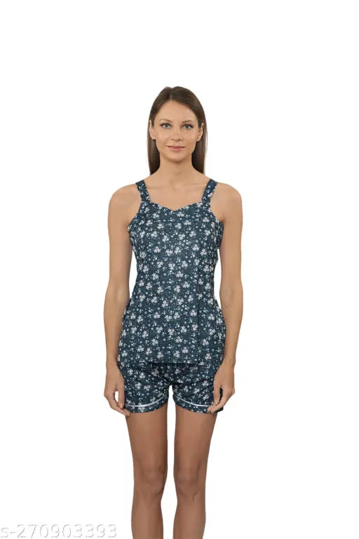 Navy blue poly silk women's tank top & short set with printed net pattern, soft & breathable for nightwear
