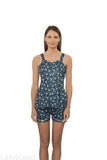 Navy blue poly silk women's tank top & short set with printed net pattern, soft & breathable for nightwear