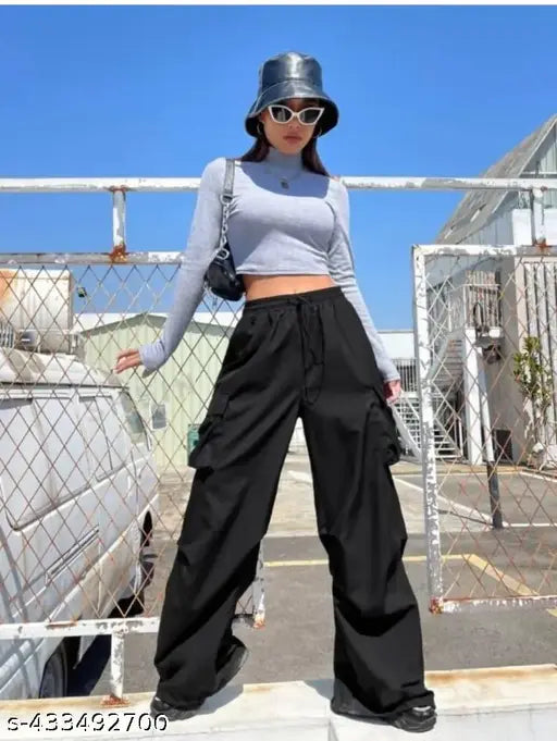 Solid navy blue women's polyster cargo jogger pants