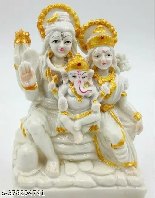 White and gold marble Shiva Parvati Ganesh idol for home decor and office temple, pack of 1 (10x10x10 inches)
