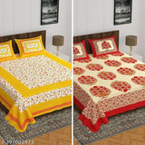 Yellow & Red Rajasthani Bed Sheets Set, 180 TC Cotton, 2 Pillow Covers