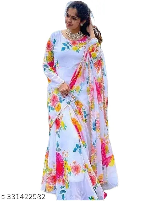 White Georgette Anarkali Gown with Dupatta Set, Indian traditional wear for women, floral print on net dupatta, comfortable and fashionable