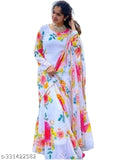 White Georgette Anarkali Gown with Dupatta Set, Indian traditional wear for women, floral print on net dupatta, comfortable and fashionable