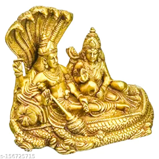 Metal Hindu god idol set: SLON M 8 Metals Shri Lakshmi Narayan, Lord Vishnu, Shri Padmanabh Swami, on Anant Nag/Anant Shayan brass idols, India-made, 4"x4"x4.5