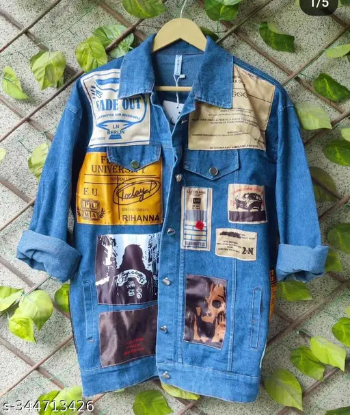 Dark blue printed denim jacket from Rkk Collection for women's long sleeves, casual and versatile style