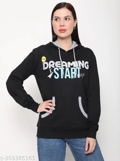 Women's black cotton pullover sweatshirt with typography print, long sleeves, hood, and 2 kangaroo pockets. Made in India