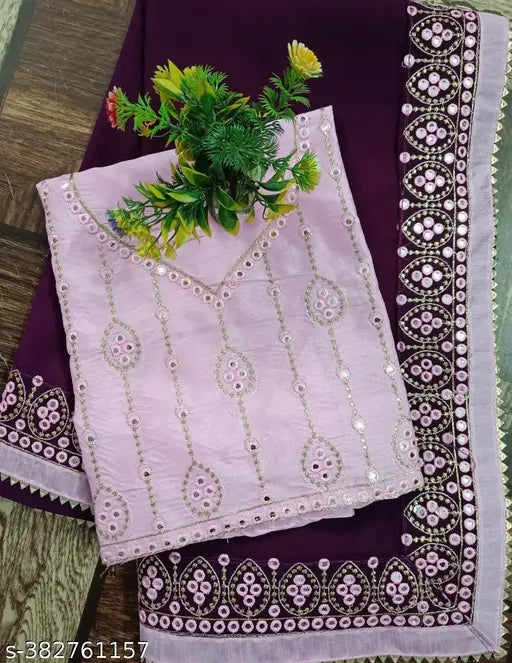 Purple silk sari with embroidery, matching blouse