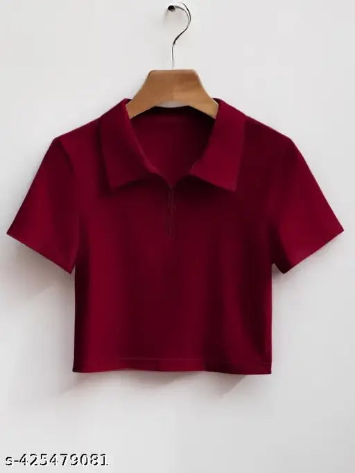 Women's crop collar cotton blend t-shirt, solid color, short sleeves, XS (34in bust, 16in length)