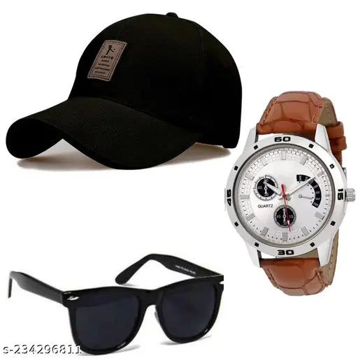 Soft cotton unisex adjustable baseball cap combo, includes branded watch and sunglasses. Timeless style, leather strap watch, perfect for men and women." (109 characters)