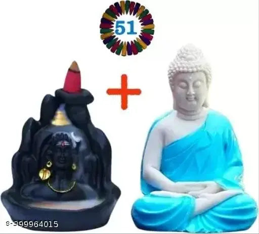 Multicolor polyresin Bhakti Murti Lord Buddha and Adiyogi idol for home decor, with 51 cones - 7cmx9cmx14cm