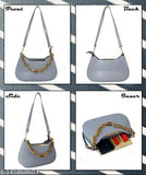 Gray purse with chain strap, side pocket, and multiple zip closures