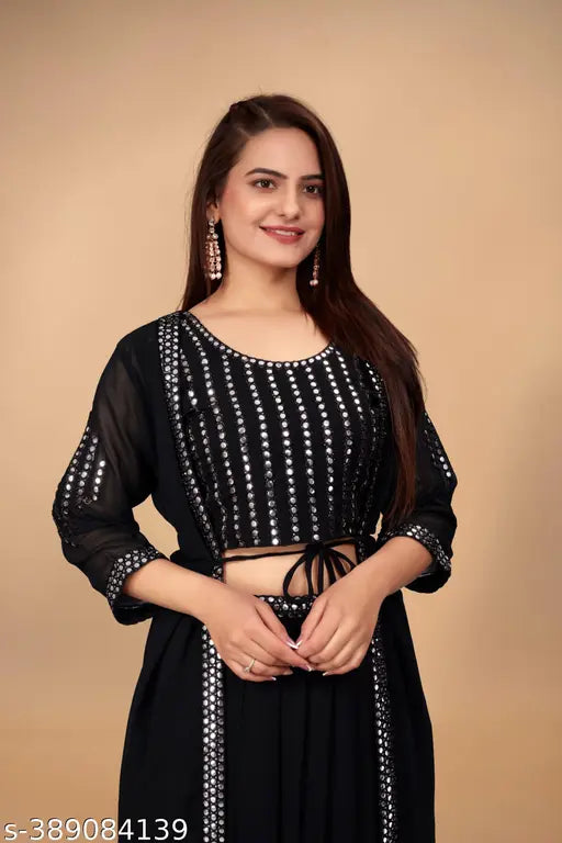 Black women's fancy indo western set, georgette crop top lehenga with shrug for any occasion, India-made ethnic wear in sizes S, M, L, XL, XXL