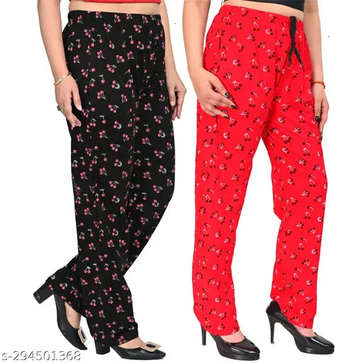 Red cotton women's lower pyjamas with beautiful multicolor designs, stylish designer brand