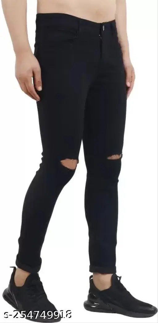 Slim fit black denim knee-cut jeans from VYESH - high quality men's trousers in solid pattern, perfect for casual or formal occasions. Size 28, 30, 32, or 34 waist with length size of 41 inches, origin India