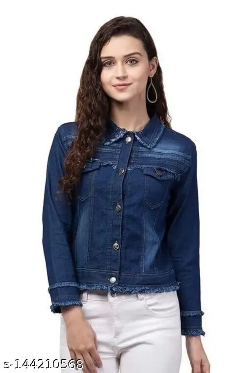 Stylish dark denim jacket, solid pattern with long sleeves, size options available for S, M, L, and XL