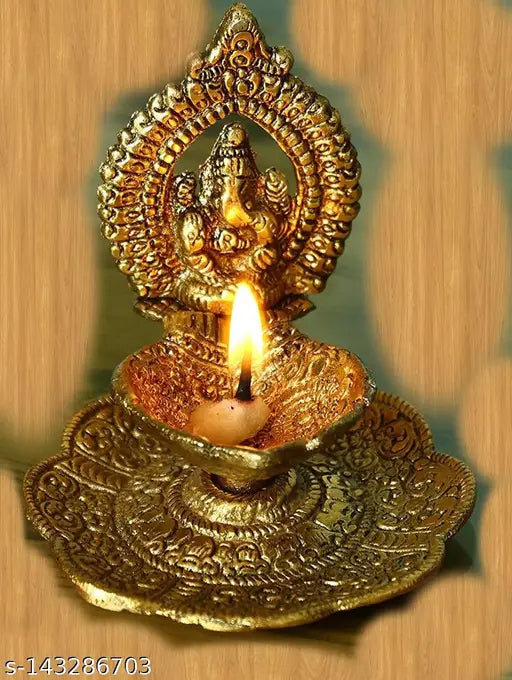 Golden Metal Ganesha Diyas (4.5 inch), hand-crafted Indian oxide artifacts for home & office temple tables