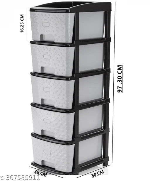 Drawer storage organizer system, with 5×1×1 feet dimensions. Black and gray design for organization of clothes, books, shoes, toys, socks, files, etc