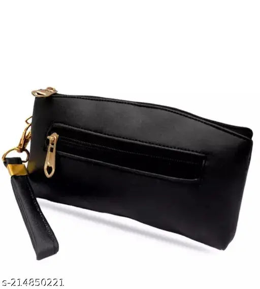 Fashionable black clutch with zipper, solid branding, suitable for party wear and casual wear occasions