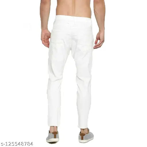 Distressed white denim slim fit jeans for men by MARKVIEW, hand wash only