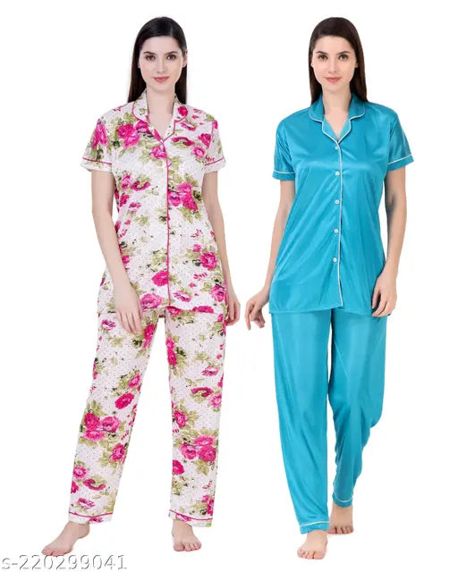 Blue print/green satin women's ultra-soft night suit set (top & pyjamas), short sleeves, pack of 2