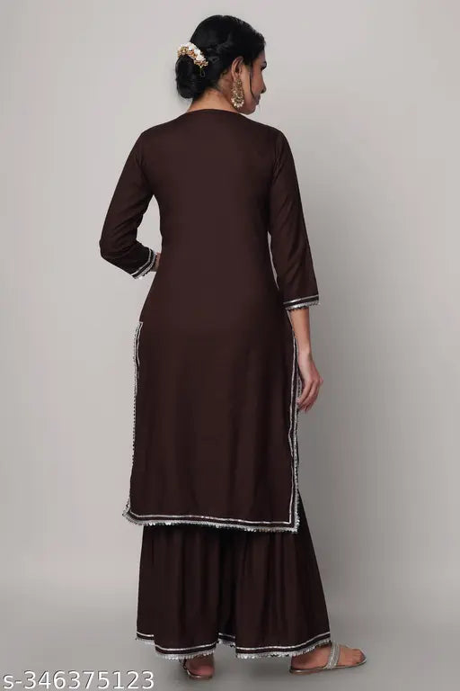 Coffee-colored rayon solid printed Kurta-Palazoo set with gharara bottom, three-quarter sleeves. Indian rayon clothing for women, single size from XS to XXL