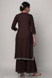 Coffee-colored rayon solid printed Kurta-Palazoo set with gharara bottom, three-quarter sleeves. Indian rayon clothing for women, single size from XS to XXL