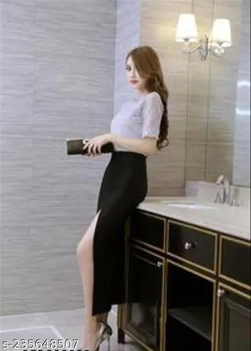 Black pencil skirt, formal wear, stretchable fabric, elasticized waist
