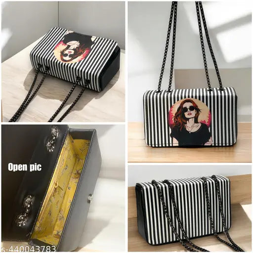 Black and white striped sling bag with cartoon face, open top