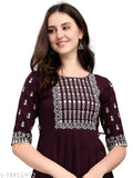 Embroidered rayon kurta in classic colors, three-quarter sleeves. Casual or festive wear for work or parties with a relaxed fit. Machine washable