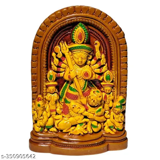 Terracotta Rainbow Feathers Ekachala Durga hand-painted god idol, vibrant colors, small size (6x11x3cm), origin India