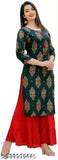 Woman in dark blue embroidered kameez and red skirt