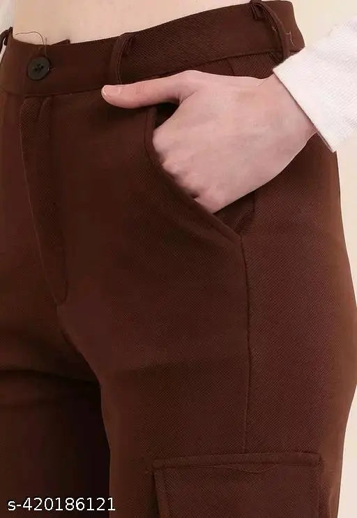 Brown fabric cargo pants women's high waist