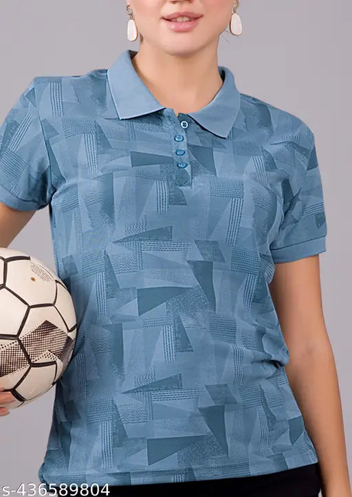 Women's collar neck regular polycotton t-shirt with long sleeves and printed net, available in XL (20in bust, 27in length), XXL (21in bust, 28in length), XXXL (22in bust, 29in length). Elevate casual wardrobe with premium self-design dry fit matty fabric