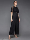Black viscose rayon flared sleeve floral raglan jumpsuit, self-design net pattern, XS to XXL sizes