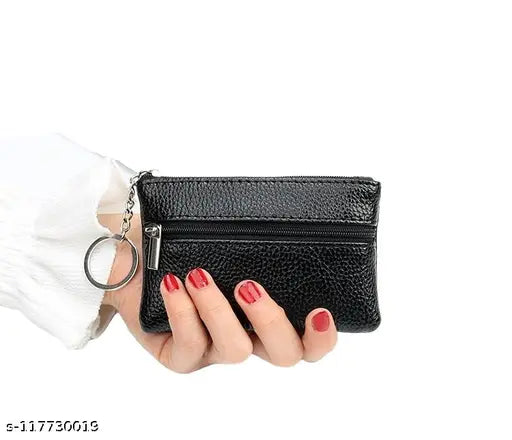 A black leather zip wallet with multiple card slots, featuring a silver zipper and a stitched design