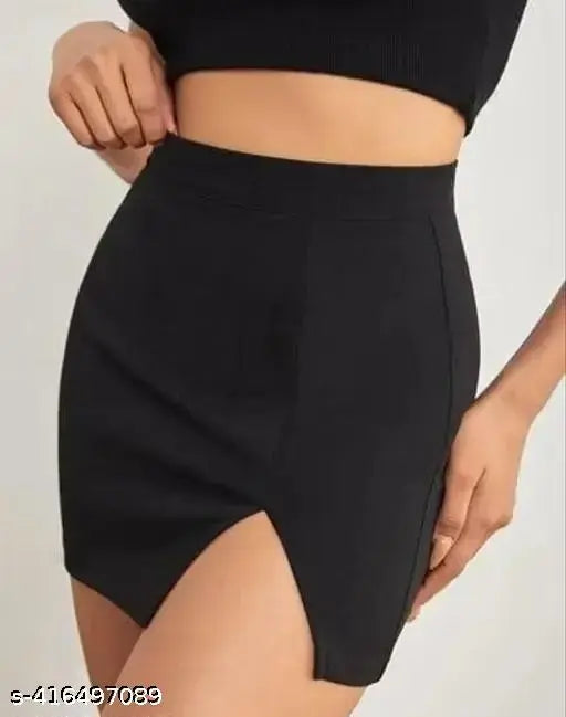 Mini Pencil Sort Black Skirt for Woman (Polyester, Solid Net) - Trendy, tuck-in skirt with attached lycra shorts for comfort. Wearable in various seasons and outfits. Sizes: 24, 26, 28, 30 (India origin)