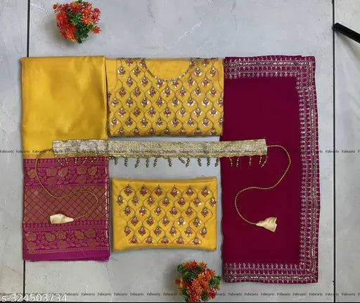 Vibrant litchi silk half saree for girls, embroidered with Indian motifs, free size dupatta (1.7m), unstitched lehenga (3.6m), sleeveless top, tussled edges, belt included, Made in India