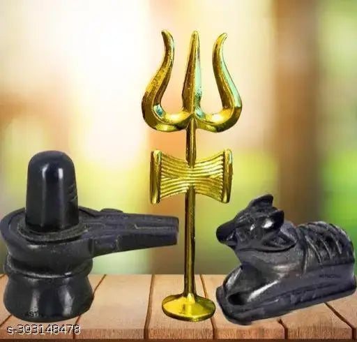 Black marble ELITETOUCH Shivling & Nandi Idols with Trishul, Indian handcrafted marble statue on display