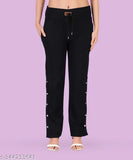 Mid-rise, denim fabric, baggy fit, stretchable waistband, creased bottoms, light wash, flat front pockets, casual style, womenswear