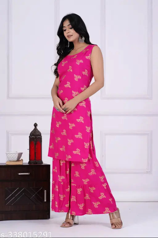 Pink cotton embroidered sharara set with dupatta and pajama for women