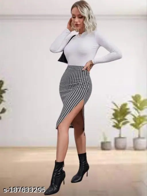 Black pencil skirt with bodycone fit, featuring a repeated pattern, suitable for casual wear