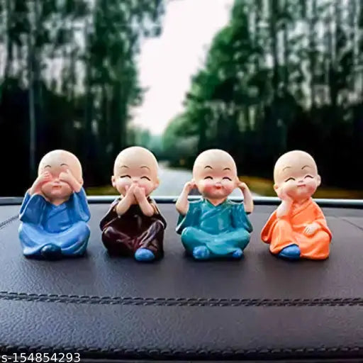 Indian miniature baby monk figurines, set of 4 for car dashboard decoration and home gifting