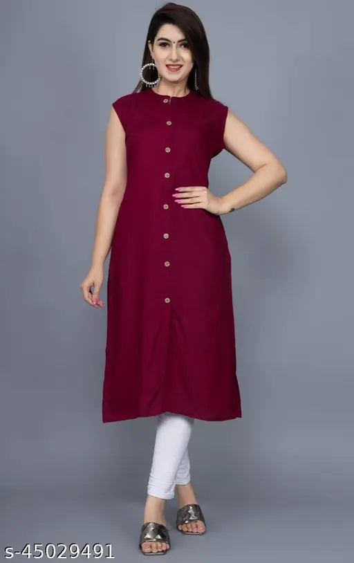 Maroon sleeveless rayon kurti with sherwani pattern, ideal for daily wear and calf length, women's size M-XL. #summercollection #sleevelesskurti #rayonkurti #downtocalflenghtkurti