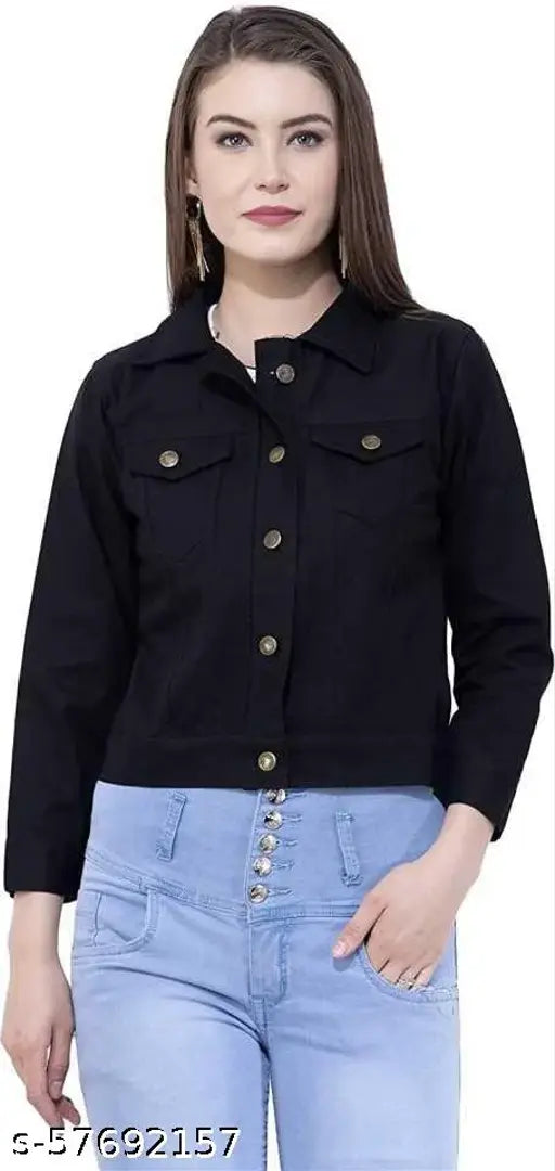 Black denim jacket, full sleeve, solid long sleeves with 2 pockets. Soft and comfortable denim fabric for casual wear, best fit for girls and women, ideal for jeans and shorts. Made by Saman Fashion Wear, country of origin: India