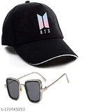 Black cotton embroidered cap with black lens stainless steel frame BTS Kabir Singh sunglasses for men and boys on display stand