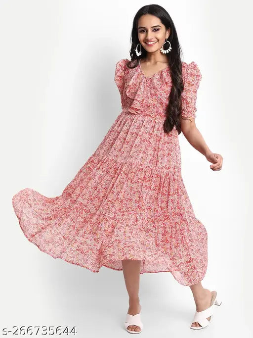 Pristino pink floral print chiffon vneck tiered dress, short sleeves, printed combo, heavy Georgette with full inner, digital printed