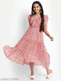 Pristino pink floral print chiffon vneck tiered dress, short sleeves, printed combo, heavy Georgette with full inner, digital printed
