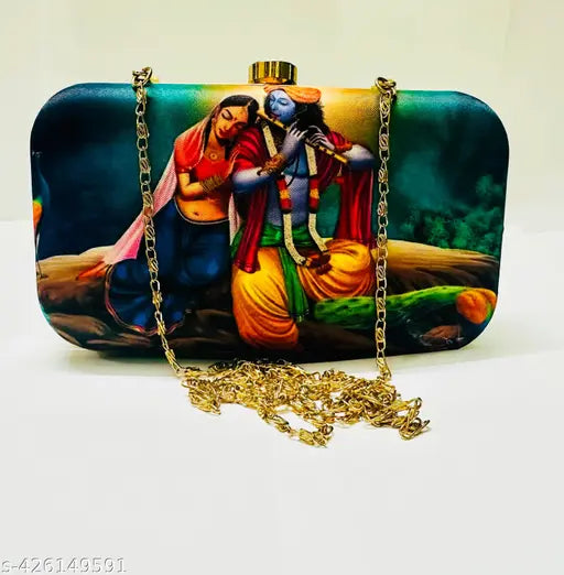 A vibrant and stylish women's party clutch purse with intricate hand-painted artwork of Krishna, Radha, and their cow, set against a rich blue background, featuring a gold chain for attachment