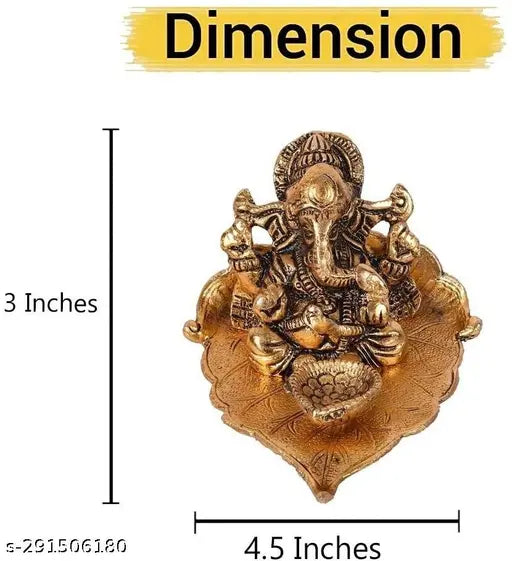 Ganesh idol on pipal leaf diya set, metallic, for Vastu, home, temple, office, gifting; symbolizes luck, love, happiness, and prosperity. Size: 9.5x10.5x6 cm (LxBxH)